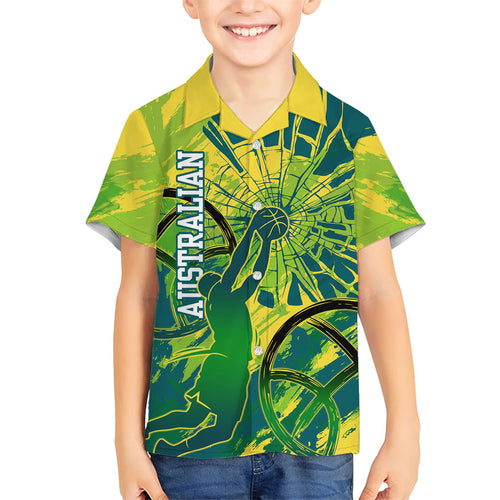 Australian Boomers Basketball Family Matching Off Shoulder Short Dress and Hawaiian Shirt Shattered Glass Effect With Flaming Ball And Grunge Brushstrokes