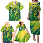 Australian Boomers Basketball Family Matching Puletasi and Hawaiian Shirt Shattered Glass Effect With Flaming Ball And Grunge Brushstrokes