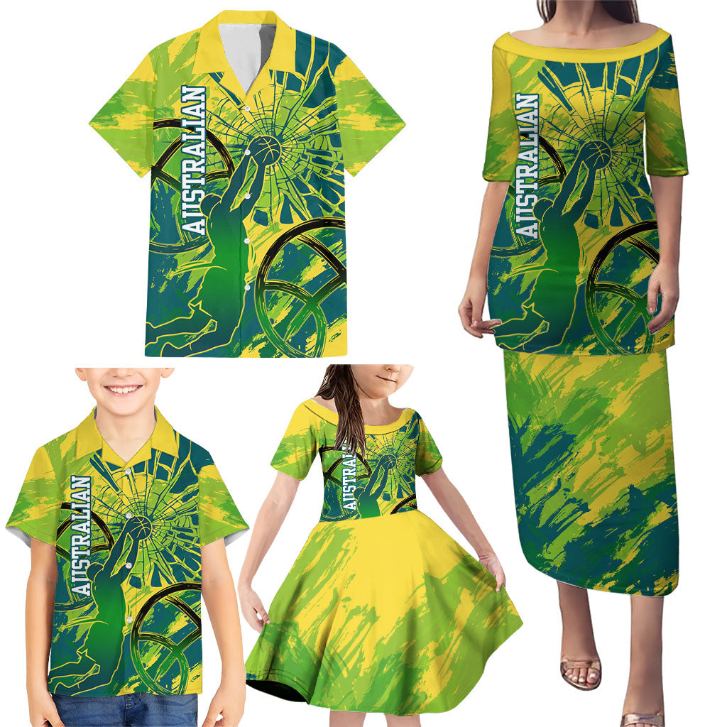 Australian Boomers Basketball Family Matching Puletasi and Hawaiian Shirt Shattered Glass Effect With Flaming Ball And Grunge Brushstrokes