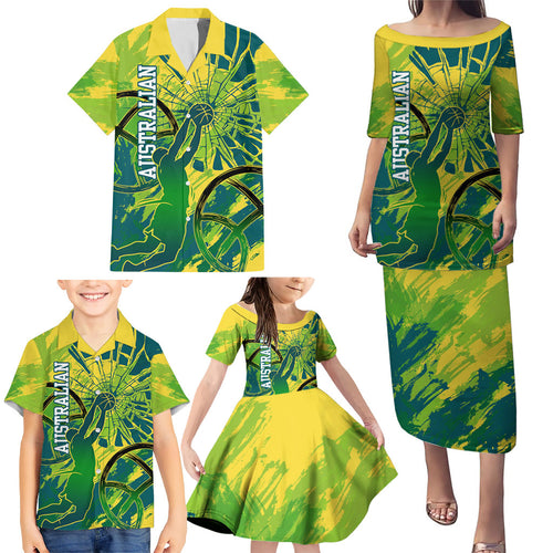 Australian Boomers Basketball Family Matching Puletasi and Hawaiian Shirt Shattered Glass Effect With Flaming Ball And Grunge Brushstrokes