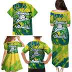 Australian Boomers Basketball Family Matching Puletasi and Hawaiian Shirt Shattered Glass Effect With Flaming Ball And Grunge Brushstrokes