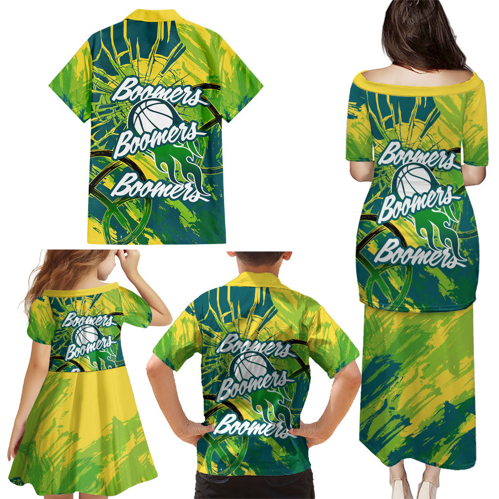 Australian Boomers Basketball Family Matching Puletasi and Hawaiian Shirt Shattered Glass Effect With Flaming Ball And Grunge Brushstrokes