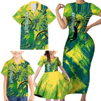 Australian Boomers Basketball Family Matching Short Sleeve Bodycon Dress and Hawaiian Shirt Shattered Glass Effect With Flaming Ball And Grunge Brushstrokes