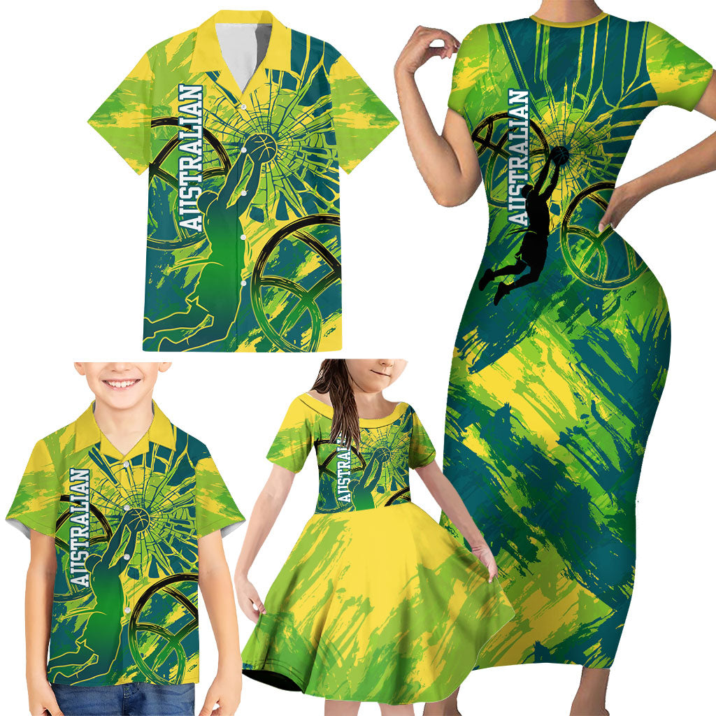 Australian Boomers Basketball Family Matching Short Sleeve Bodycon Dress and Hawaiian Shirt Shattered Glass Effect With Flaming Ball And Grunge Brushstrokes