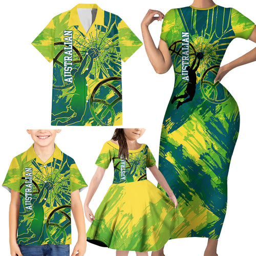 Australian Boomers Basketball Family Matching Short Sleeve Bodycon Dress and Hawaiian Shirt Shattered Glass Effect With Flaming Ball And Grunge Brushstrokes