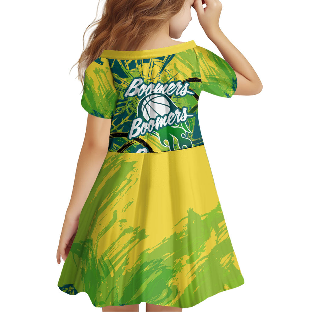 Australian Boomers Basketball Family Matching Short Sleeve Bodycon Dress and Hawaiian Shirt Shattered Glass Effect With Flaming Ball And Grunge Brushstrokes
