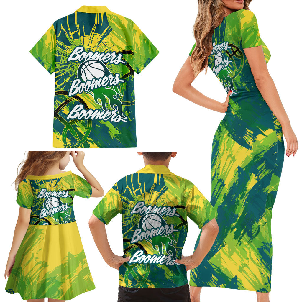 Australian Boomers Basketball Family Matching Short Sleeve Bodycon Dress and Hawaiian Shirt Shattered Glass Effect With Flaming Ball And Grunge Brushstrokes