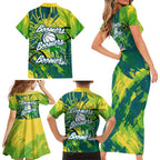 Australian Boomers Basketball Family Matching Short Sleeve Bodycon Dress and Hawaiian Shirt Shattered Glass Effect With Flaming Ball And Grunge Brushstrokes