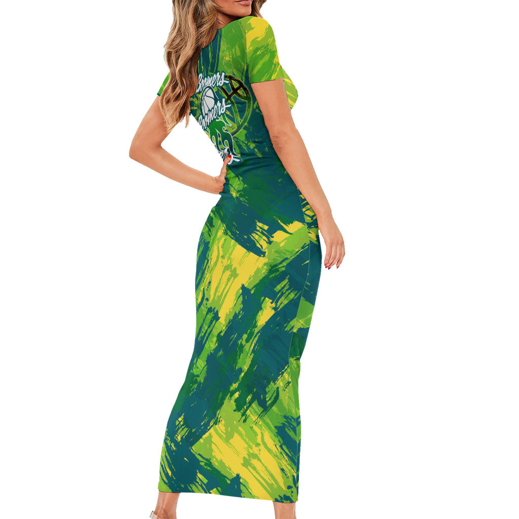Australian Boomers Basketball Family Matching Short Sleeve Bodycon Dress and Hawaiian Shirt Shattered Glass Effect With Flaming Ball And Grunge Brushstrokes
