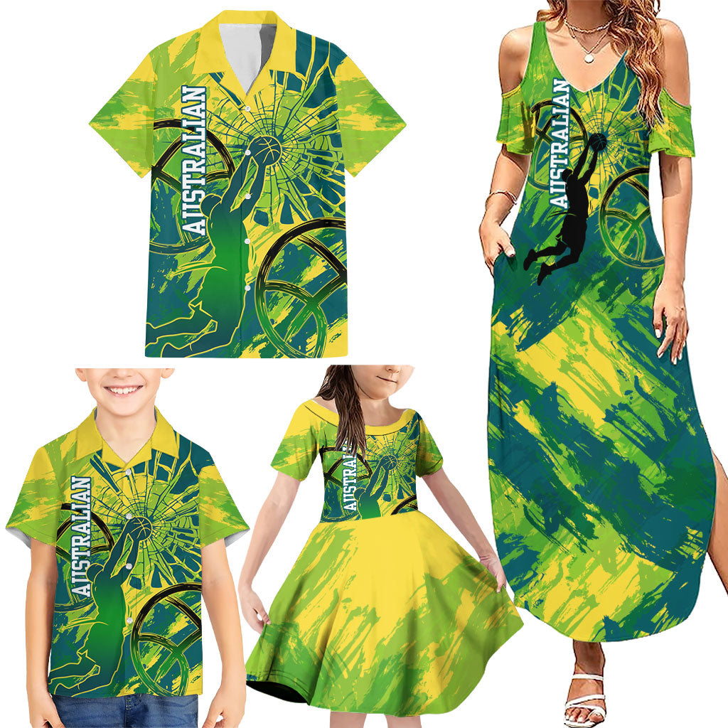 Australian Boomers Basketball Family Matching Summer Maxi Dress and Hawaiian Shirt Shattered Glass Effect With Flaming Ball And Grunge Brushstrokes