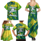 Australian Boomers Basketball Family Matching Summer Maxi Dress and Hawaiian Shirt Shattered Glass Effect With Flaming Ball And Grunge Brushstrokes