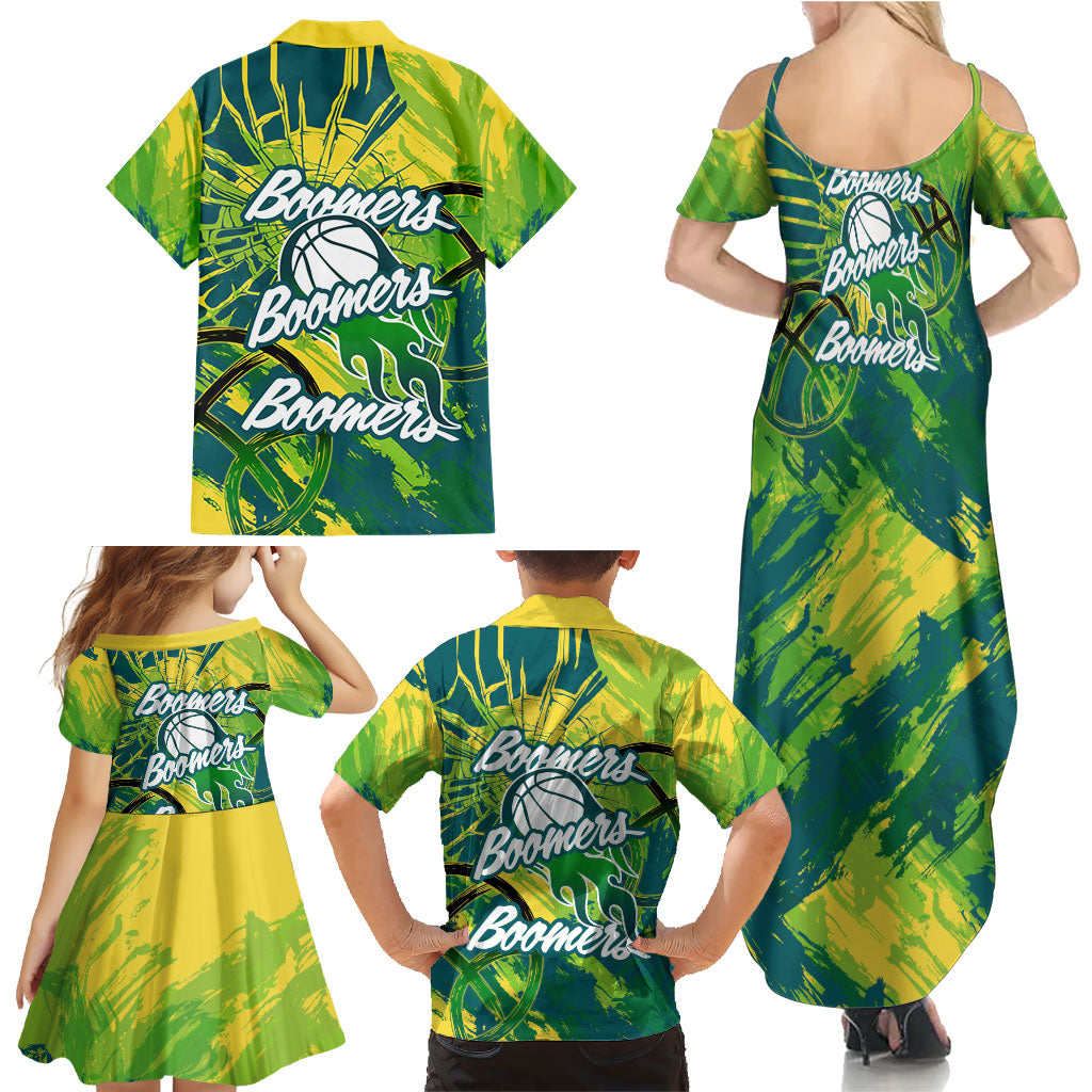 Australian Boomers Basketball Family Matching Summer Maxi Dress and Hawaiian Shirt Shattered Glass Effect With Flaming Ball And Grunge Brushstrokes