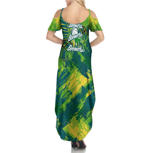Australian Boomers Basketball Family Matching Summer Maxi Dress and Hawaiian Shirt Shattered Glass Effect With Flaming Ball And Grunge Brushstrokes