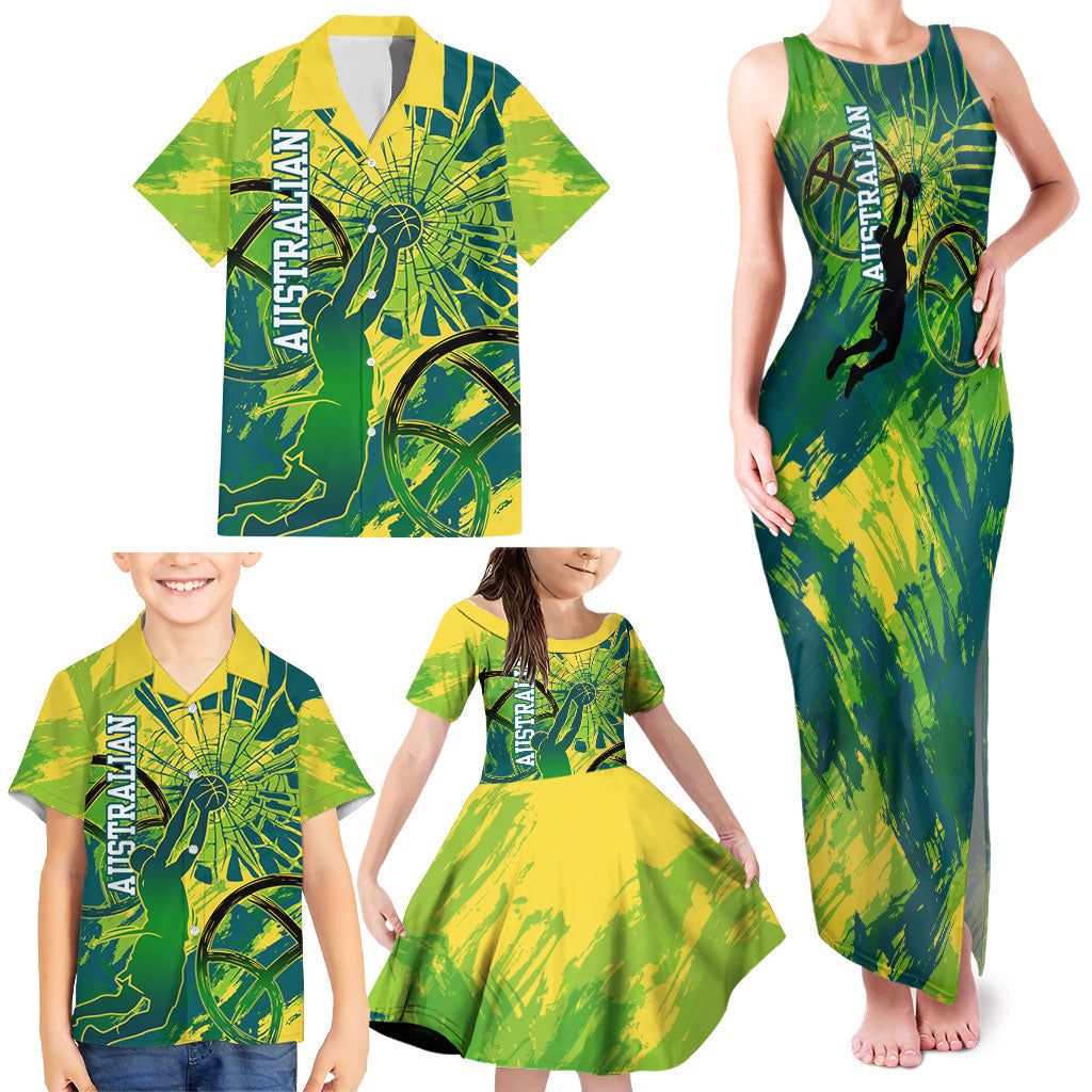 Australian Boomers Basketball Family Matching Tank Maxi Dress and Hawaiian Shirt Shattered Glass Effect With Flaming Ball And Grunge Brushstrokes