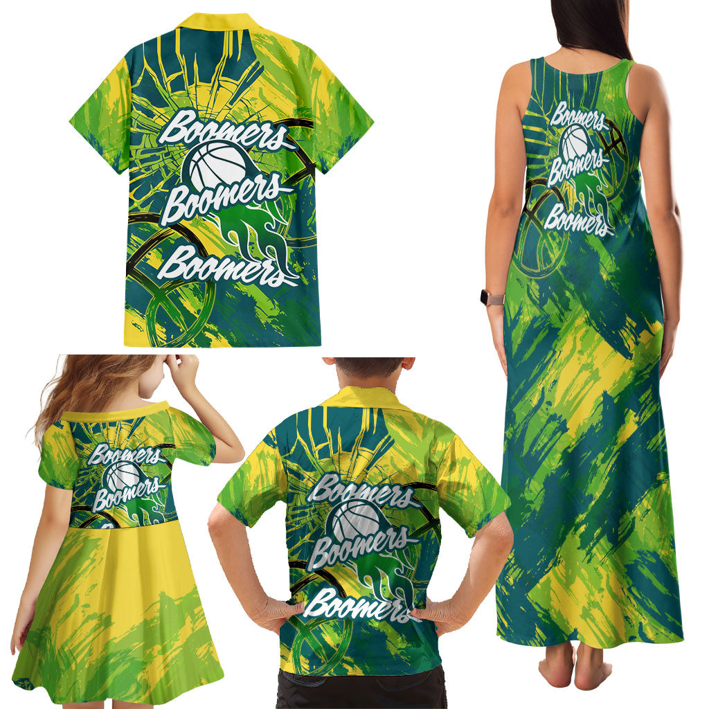Australian Boomers Basketball Family Matching Tank Maxi Dress and Hawaiian Shirt Shattered Glass Effect With Flaming Ball And Grunge Brushstrokes