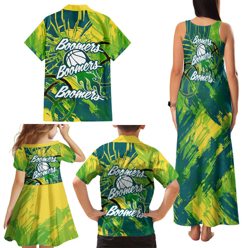 Australian Boomers Basketball Family Matching Tank Maxi Dress and Hawaiian Shirt Shattered Glass Effect With Flaming Ball And Grunge Brushstrokes