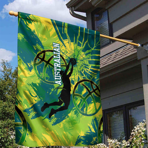 Australian Boomers Basketball Garden Flag Shattered Glass Effect With Flaming Ball And Grunge Brushstrokes