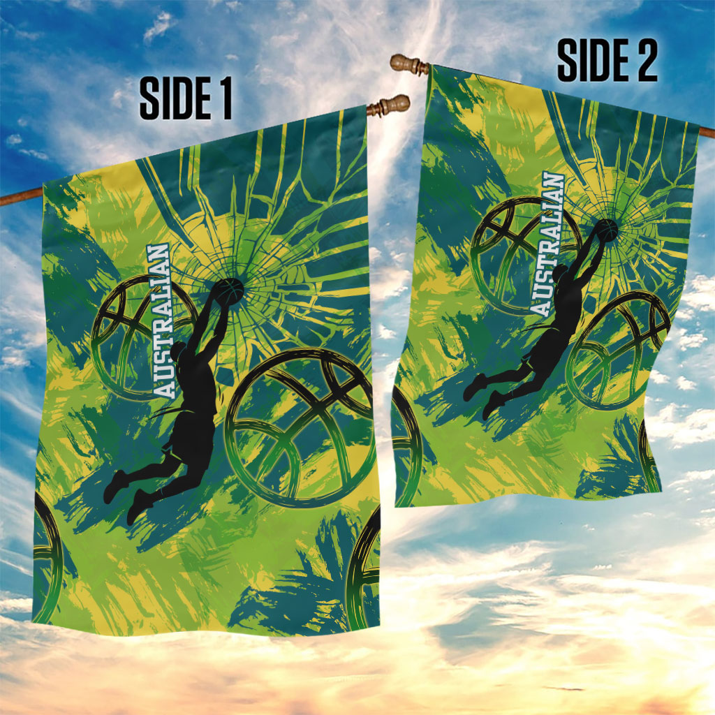 Australian Boomers Basketball Garden Flag Shattered Glass Effect With Flaming Ball And Grunge Brushstrokes