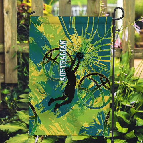 Australian Boomers Basketball Garden Flag Shattered Glass Effect With Flaming Ball And Grunge Brushstrokes