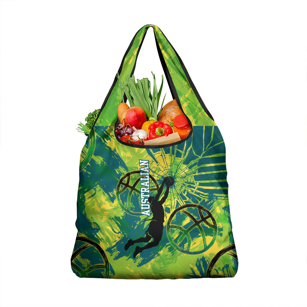 Australian Boomers Basketball Grocery Bag Shattered Glass Effect With Flaming Ball And Grunge Brushstrokes