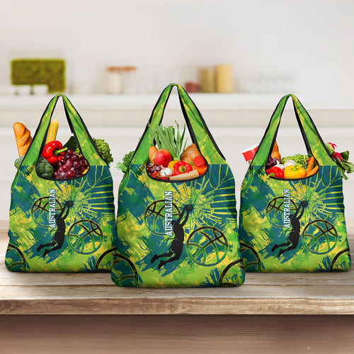 Australian Boomers Basketball Grocery Bag Shattered Glass Effect With Flaming Ball And Grunge Brushstrokes