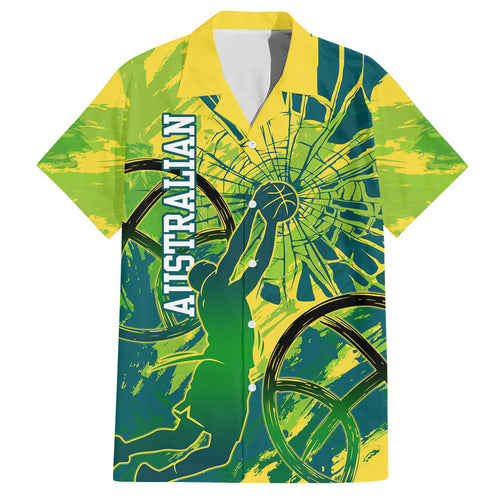 Australian Boomers Basketball Hawaiian Shirt Shattered Glass Effect With Flaming Ball And Grunge Brushstrokes