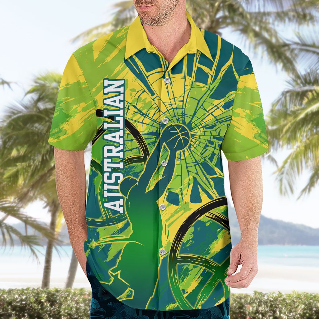 Australian Boomers Basketball Hawaiian Shirt Shattered Glass Effect With Flaming Ball And Grunge Brushstrokes