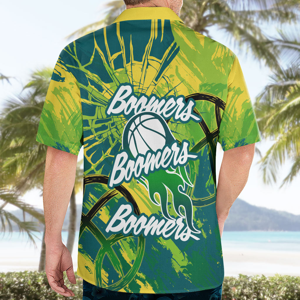 Australian Boomers Basketball Hawaiian Shirt Shattered Glass Effect With Flaming Ball And Grunge Brushstrokes