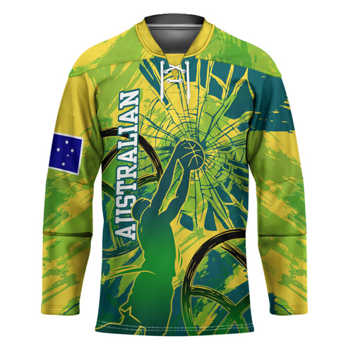 Australian Boomers Basketball Hockey Jersey Shattered Glass Effect With Flaming Ball And Grunge Brushstrokes