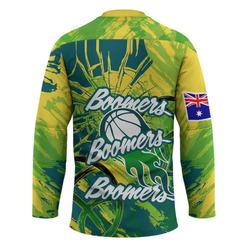 Australian Boomers Basketball Hockey Jersey Shattered Glass Effect With Flaming Ball And Grunge Brushstrokes