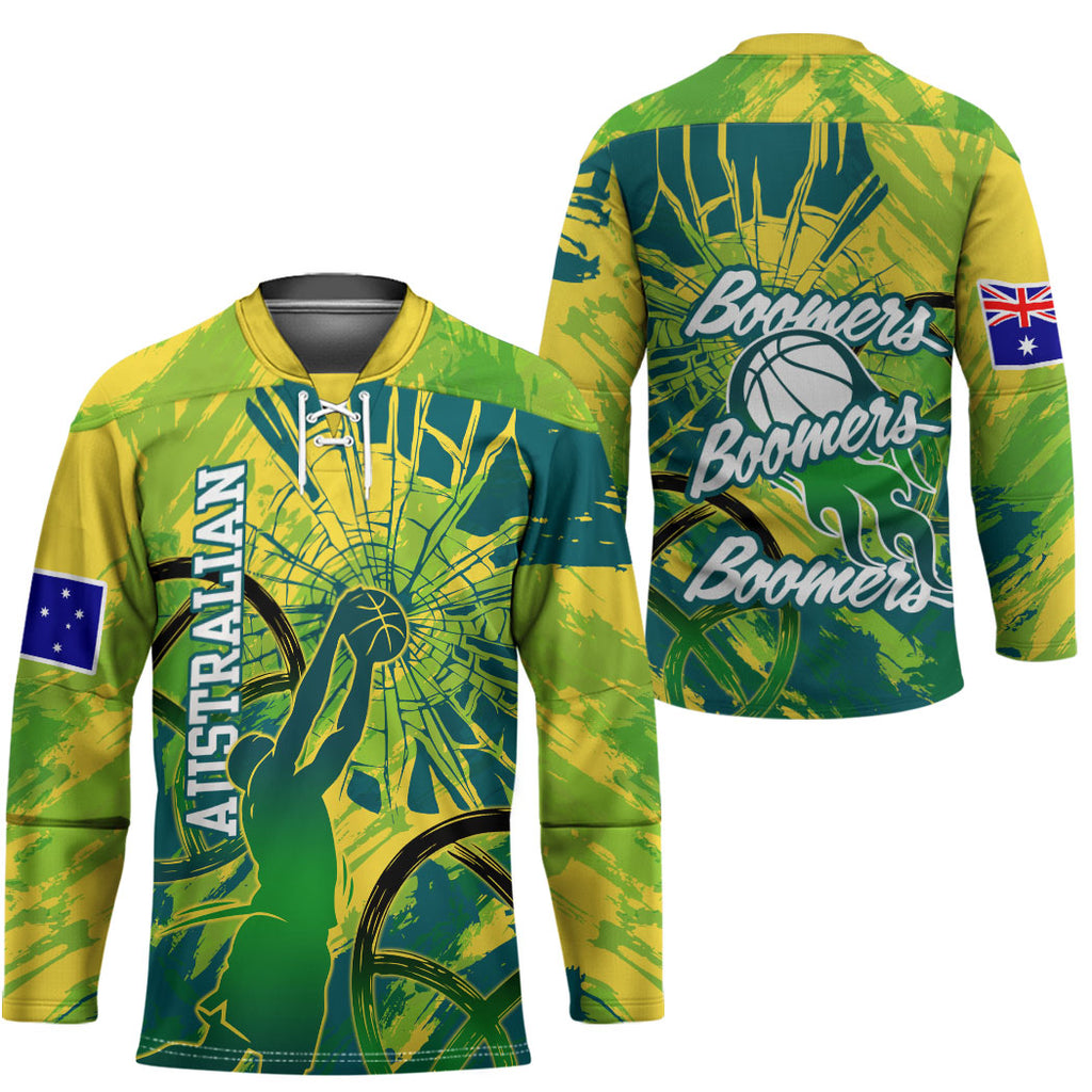 Australian Boomers Basketball Hockey Jersey Shattered Glass Effect With Flaming Ball And Grunge Brushstrokes