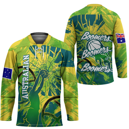Australian Boomers Basketball Hockey Jersey Shattered Glass Effect With Flaming Ball And Grunge Brushstrokes