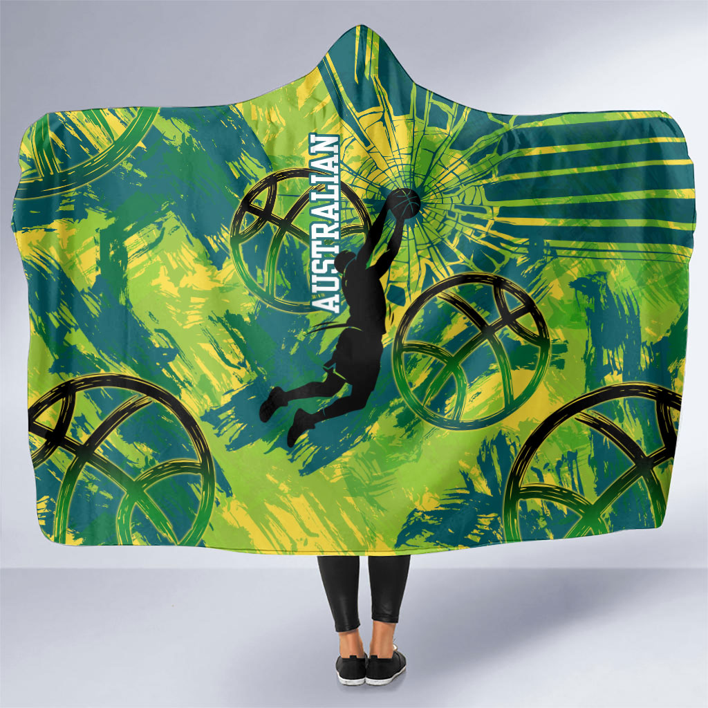 Australian Boomers Basketball Hooded Blanket Shattered Glass Effect With Flaming Ball And Grunge Brushstrokes