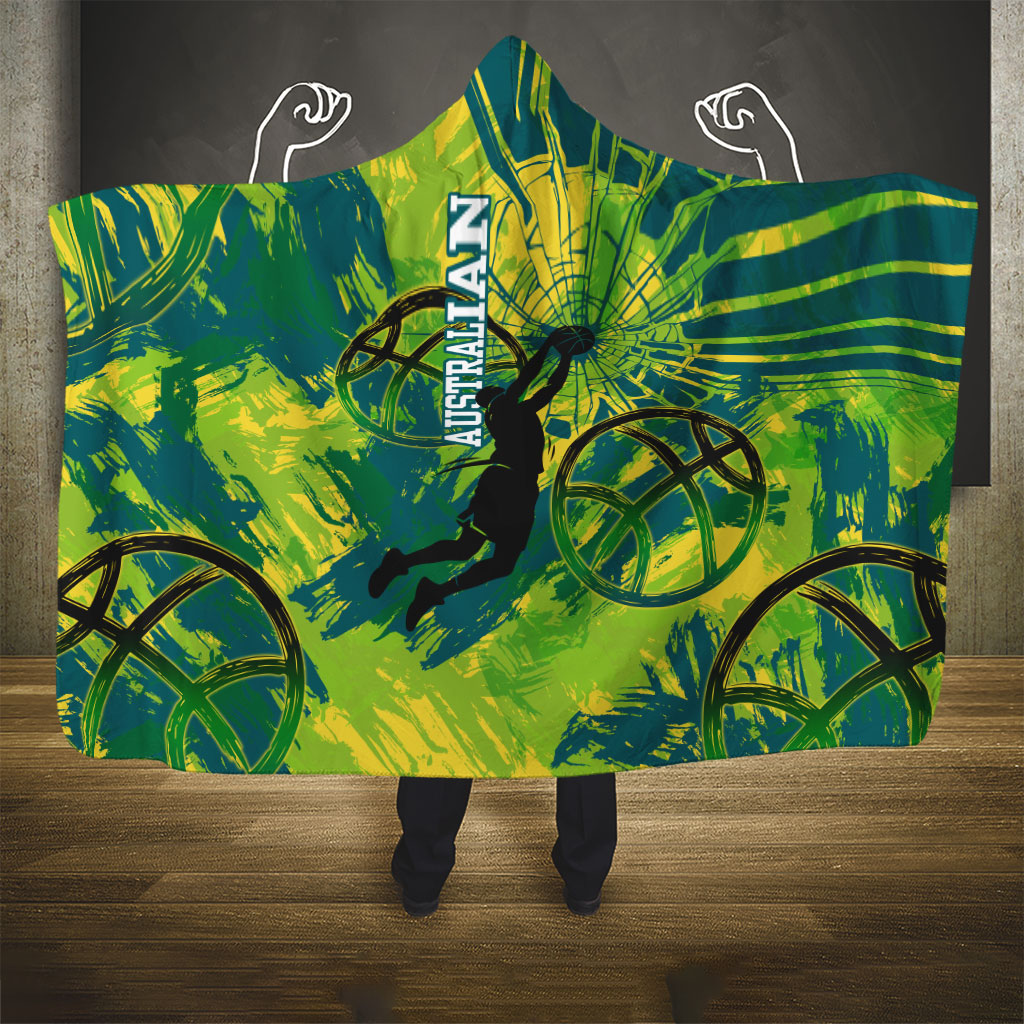 Australian Boomers Basketball Hooded Blanket Shattered Glass Effect With Flaming Ball And Grunge Brushstrokes