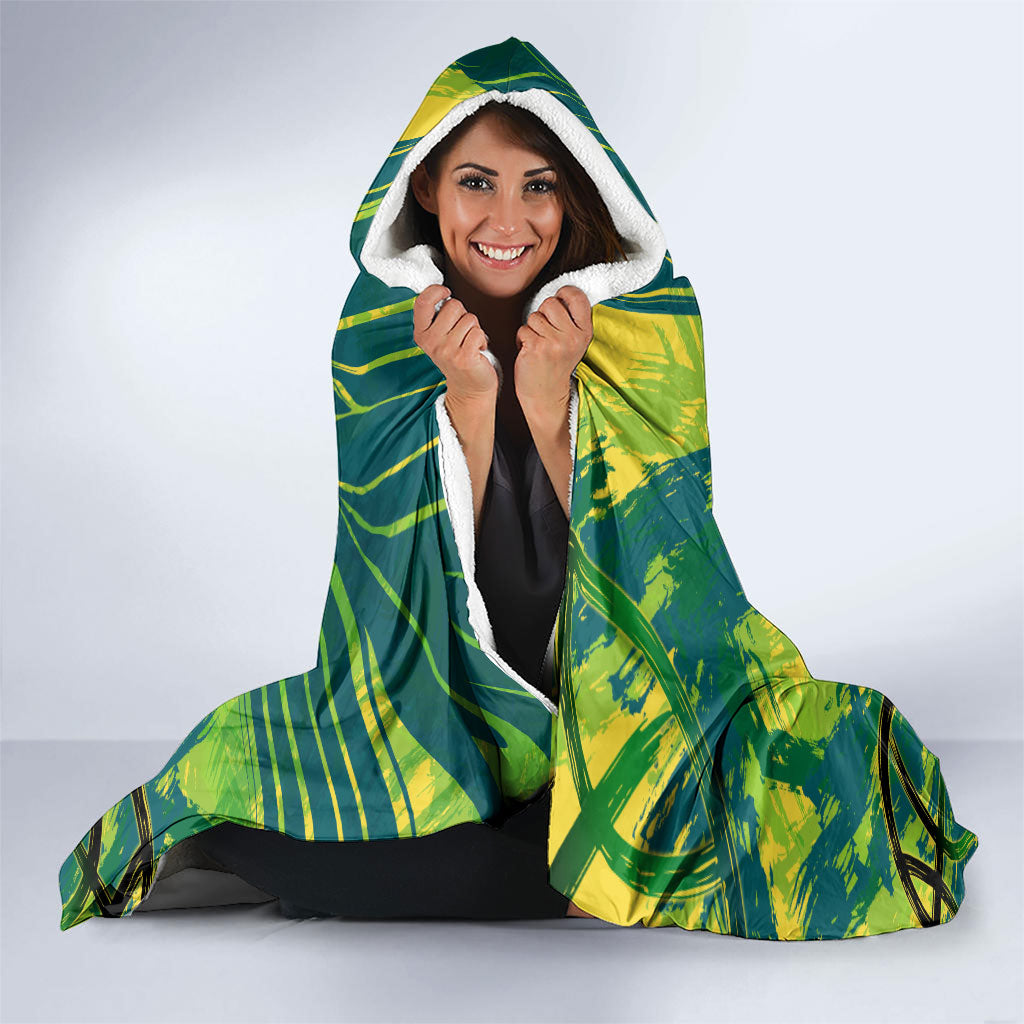 Australian Boomers Basketball Hooded Blanket Shattered Glass Effect With Flaming Ball And Grunge Brushstrokes