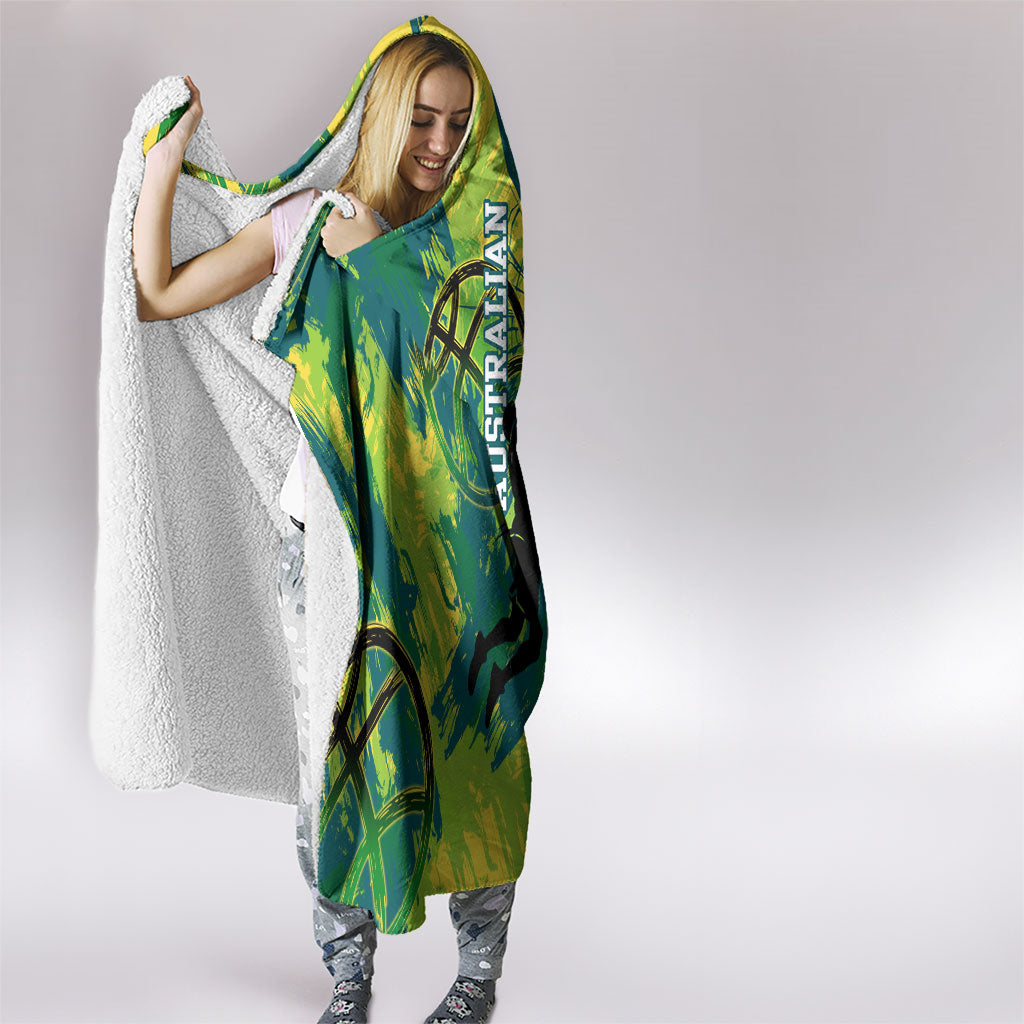 Australian Boomers Basketball Hooded Blanket Shattered Glass Effect With Flaming Ball And Grunge Brushstrokes