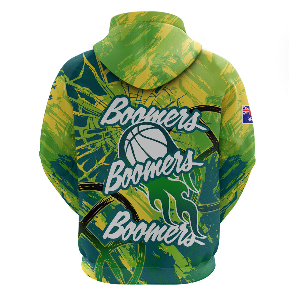 Australian Boomers Basketball Hoodie Shattered Glass Effect With Flaming Ball And Grunge Brushstrokes
