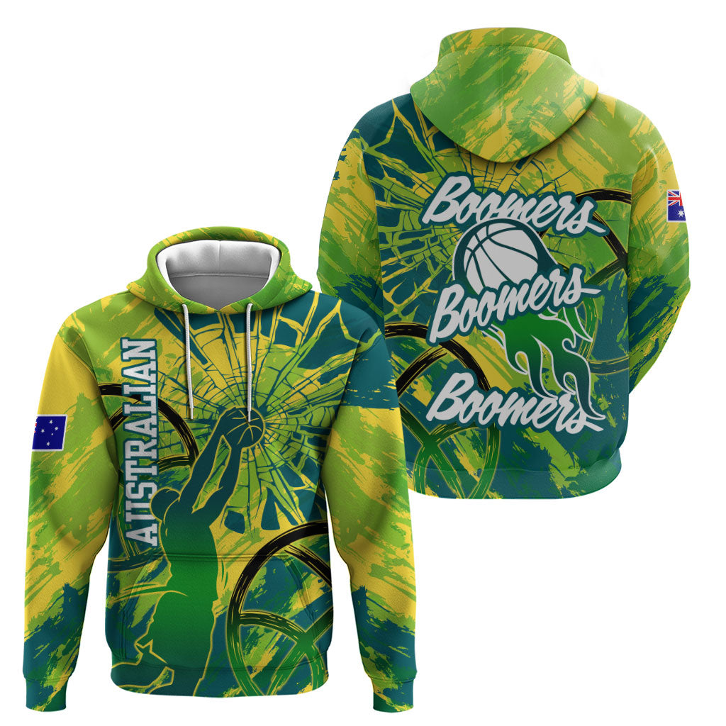 Australian Boomers Basketball Hoodie Shattered Glass Effect With Flaming Ball And Grunge Brushstrokes