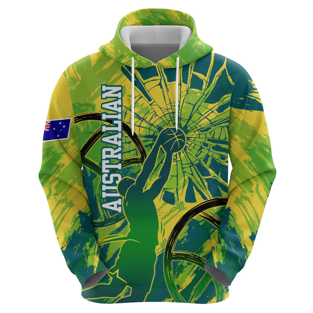 Australian Boomers Basketball Hoodie Shattered Glass Effect With Flaming Ball And Grunge Brushstrokes