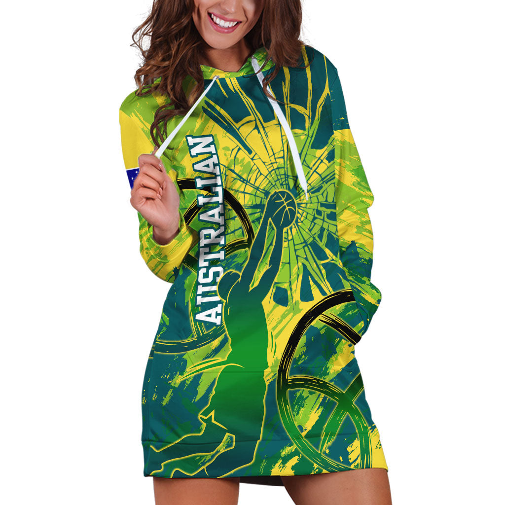 Australian Boomers Basketball Hoodie Dress Shattered Glass Effect With Flaming Ball And Grunge Brushstrokes