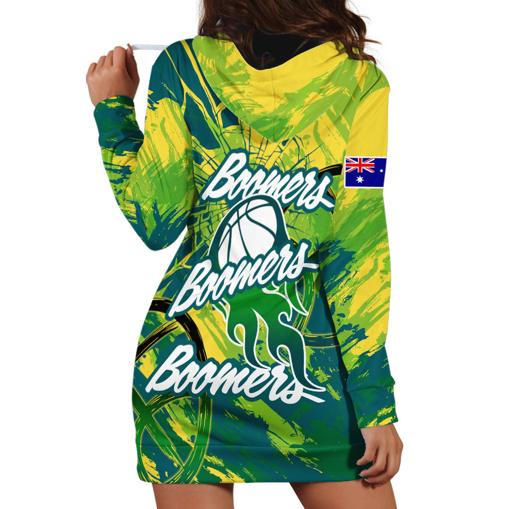 Australian Boomers Basketball Hoodie Dress Shattered Glass Effect With Flaming Ball And Grunge Brushstrokes