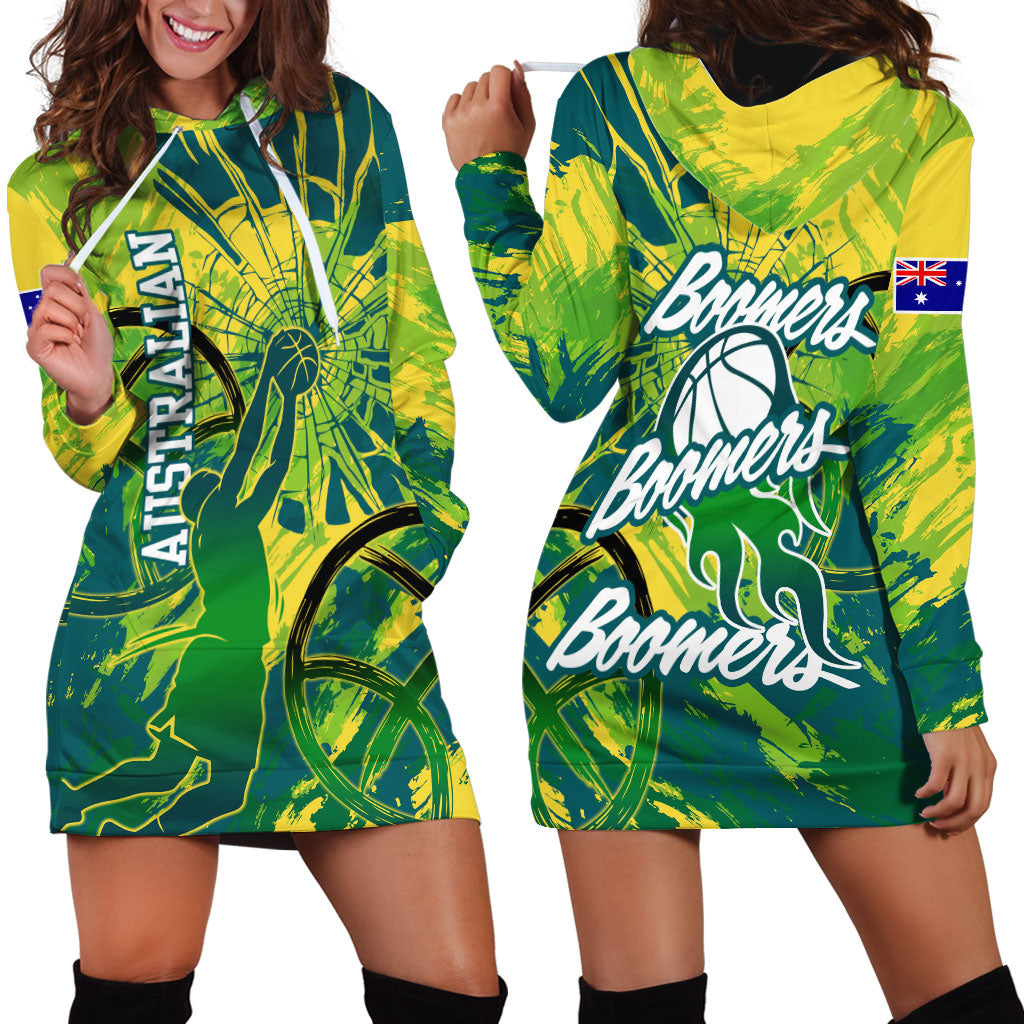 Australian Boomers Basketball Hoodie Dress Shattered Glass Effect With Flaming Ball And Grunge Brushstrokes