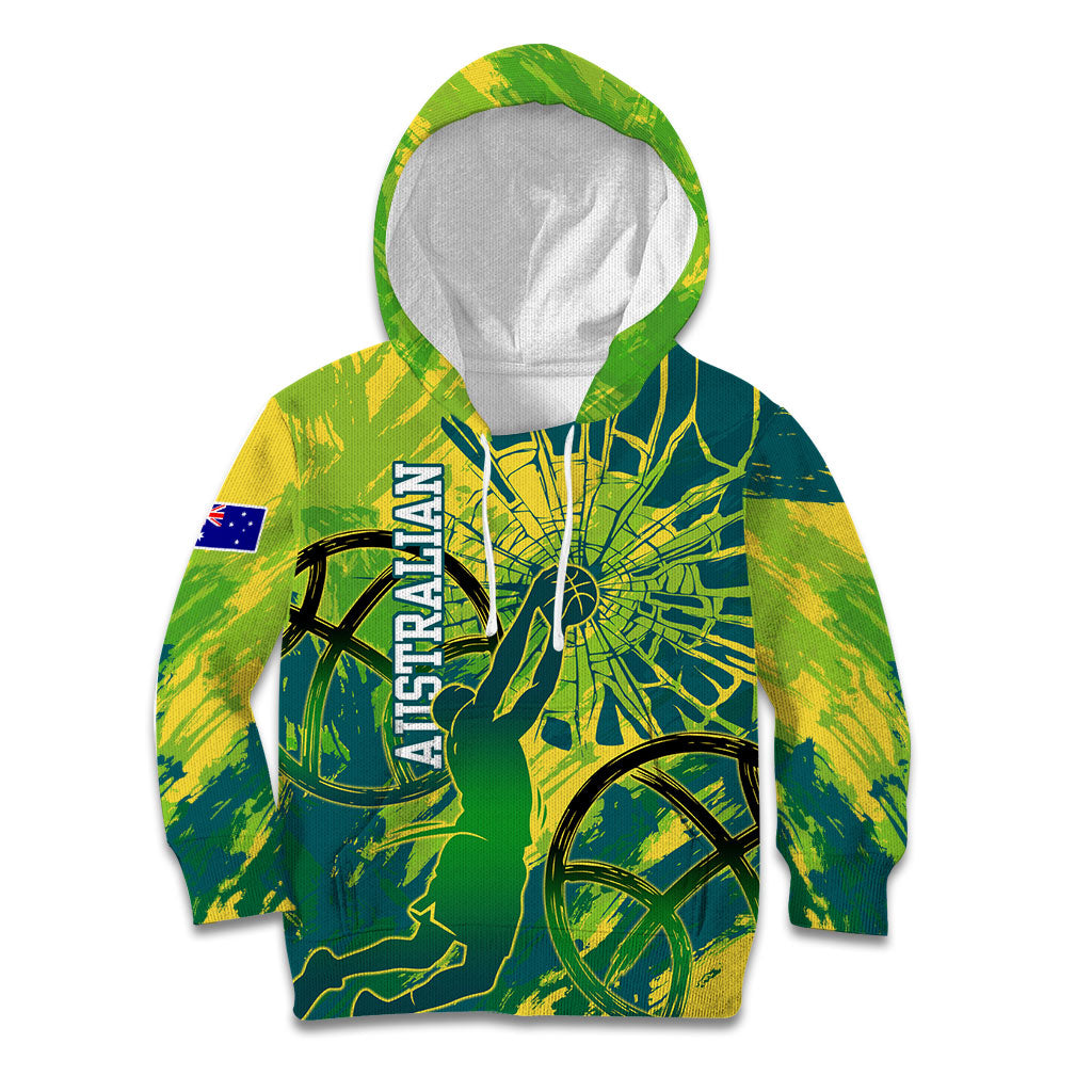 Australian Boomers Basketball Kid Hoodie Shattered Glass Effect With Flaming Ball And Grunge Brushstrokes