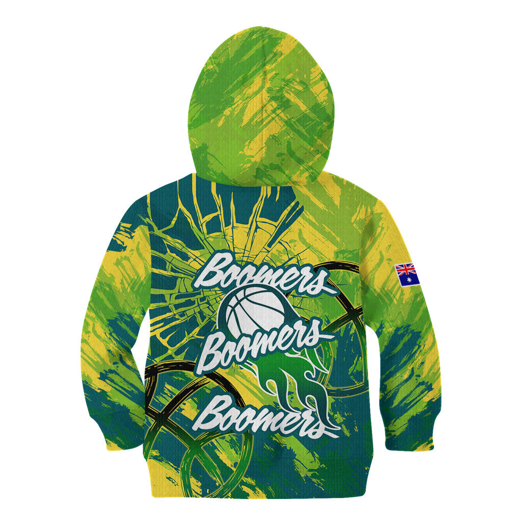 Australian Boomers Basketball Kid Hoodie Shattered Glass Effect With Flaming Ball And Grunge Brushstrokes