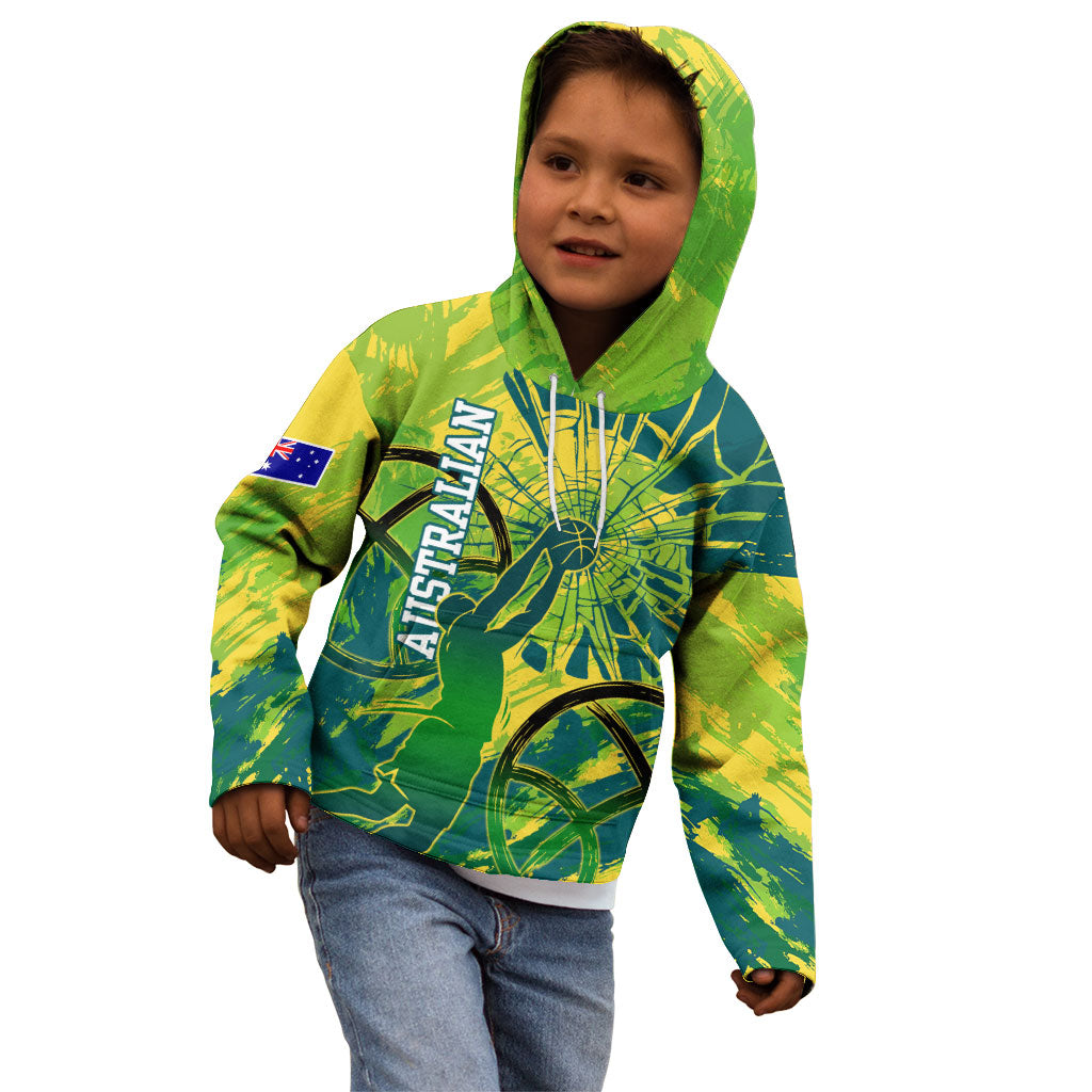 Australian Boomers Basketball Kid Hoodie Shattered Glass Effect With Flaming Ball And Grunge Brushstrokes