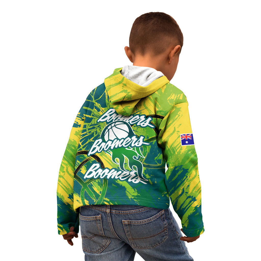 Australian Boomers Basketball Kid Hoodie Shattered Glass Effect With Flaming Ball And Grunge Brushstrokes