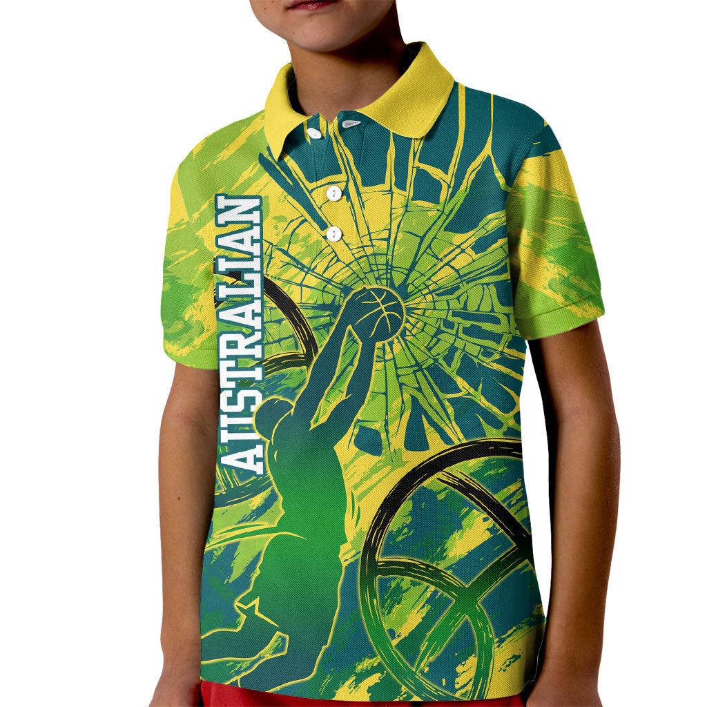 Australian Boomers Basketball Kid Polo Shirt Shattered Glass Effect With Flaming Ball And Grunge Brushstrokes