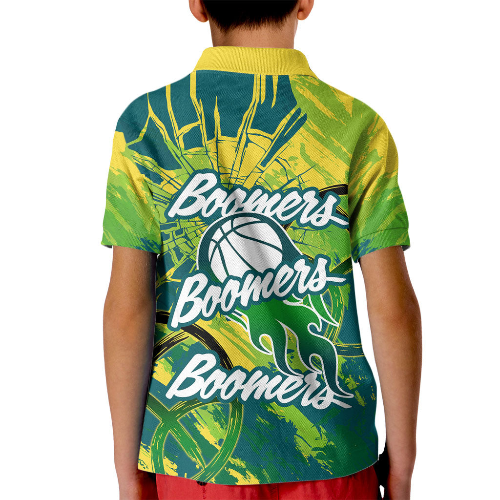 Australian Boomers Basketball Kid Polo Shirt Shattered Glass Effect With Flaming Ball And Grunge Brushstrokes