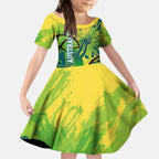Australian Boomers Basketball Kid Short Sleeve Dress Shattered Glass Effect With Flaming Ball And Grunge Brushstrokes