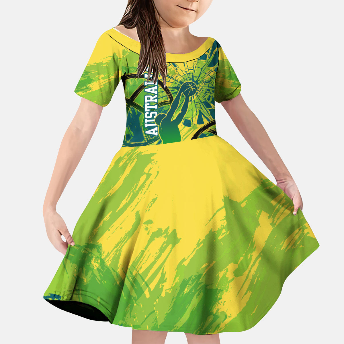 Australian Boomers Basketball Kid Short Sleeve Dress Shattered Glass Effect With Flaming Ball And Grunge Brushstrokes